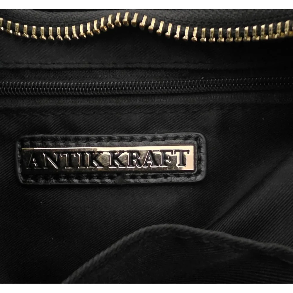 Antik Kraft Black Vegan Leather Crescent Hobo Bag Braided‎ Strap Gold Hardware